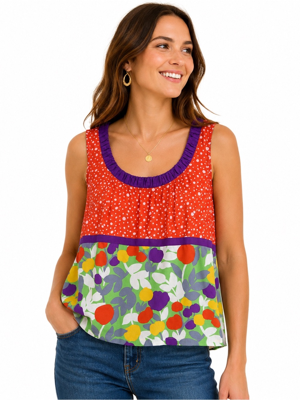 Boden Colorblock Floral Polka Dot Cotton Tank Top Size 10 Artsy Cottagecore